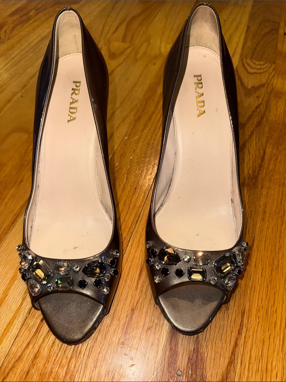 Prada Black Jeweled Peep-Toe Heels